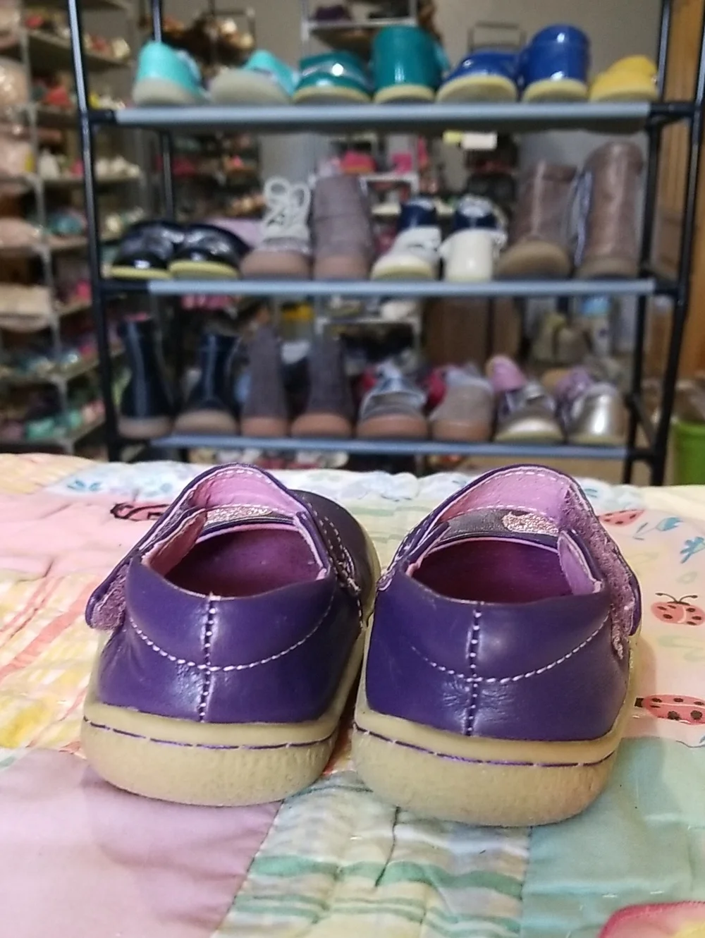 Livie & Luca Purple Leather Mary Jane Shoes with Pink Glitter Bird Size 5 Pio